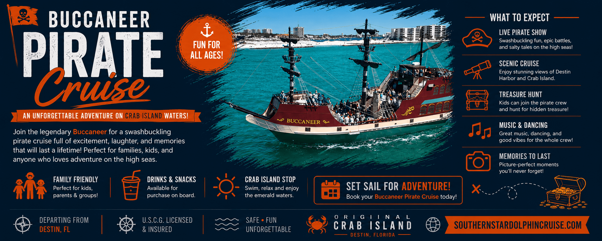 Crab Island Pirate Ship Cruise infographic